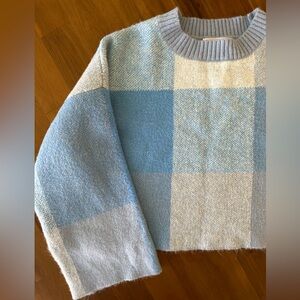 Jessica Simpson Blue and Cream Checkered Sweater Boxy, Cropped Size S